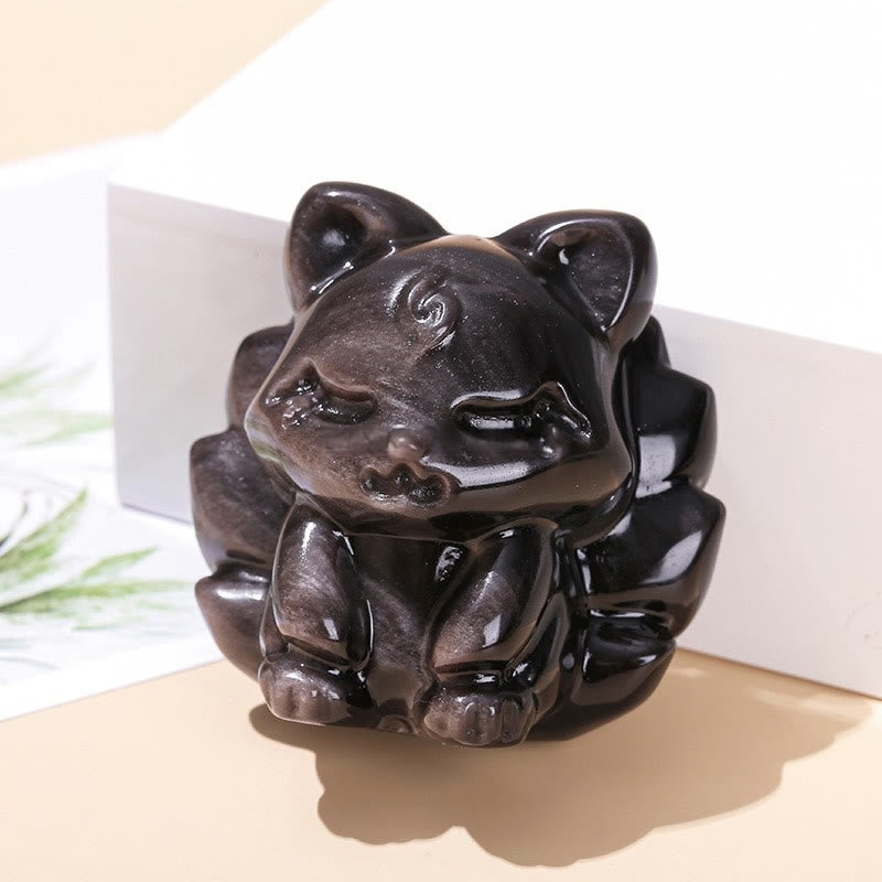 Buddha Stones天然銀光沢黒曜石 九尾狐 守護 家の装飾 - image 1