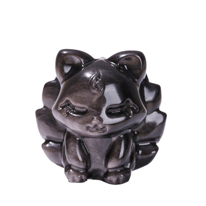 Buddha Stones天然銀光沢黒曜石 九尾狐 守護 家の装飾 - image 9
