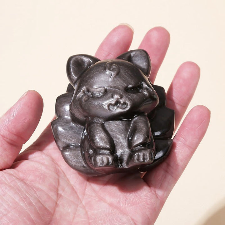 Buddha Stones天然銀光沢黒曜石 九尾狐 守護 家の装飾 - image 4