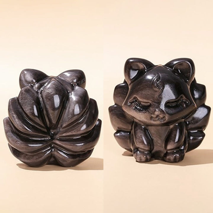 Buddha Stones天然銀光沢黒曜石 九尾狐 守護 家の装飾 - image 3
