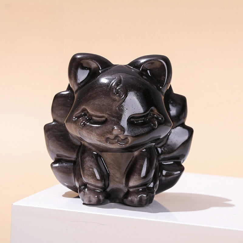Buddha Stones天然銀光沢黒曜石 九尾狐 守護 家の装飾 - シルバーシーンオブシディアンフォックス 7×6.8×5cm - image 0