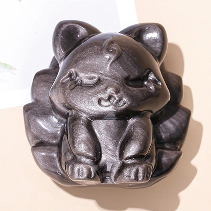 Buddha Stones天然銀光沢黒曜石 九尾狐 守護 家の装飾 - image 7