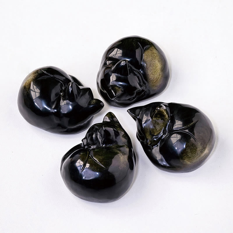 Buddha Stones天然金光沢黒曜石 眠っている猫の像 室内装飾 - image 6