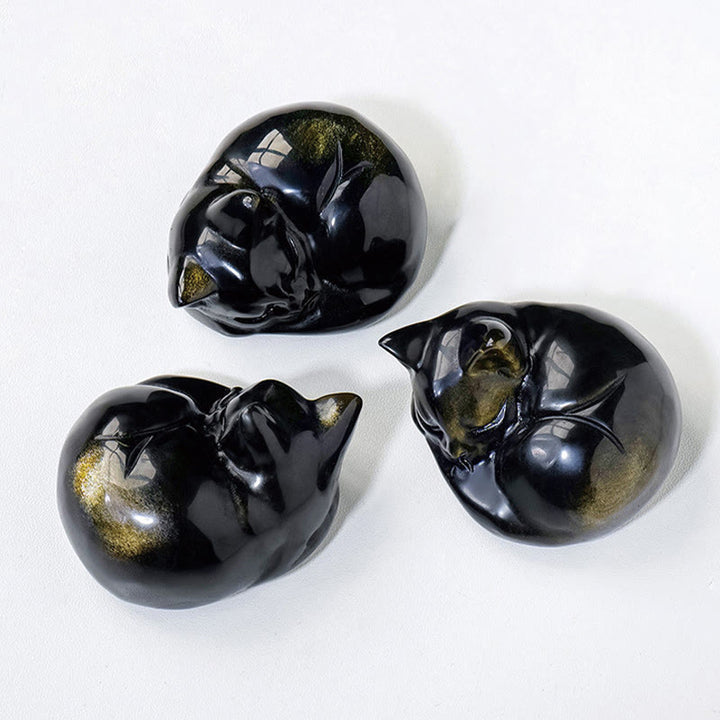 Buddha Stones天然金光沢黒曜石 眠っている猫の像 室内装飾 - image 7