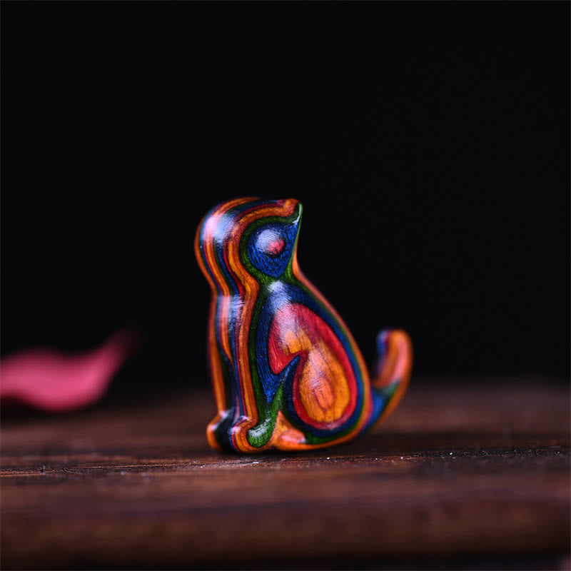 Buddha Stones小葉紫檀黒檀白檀 緑檀 幸運のミニ猫 鹿 スース 電話掛け飾り - レインボーキャット 3.2×2.8×1.6cm - image 1