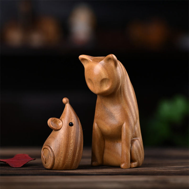 Buddha Stones小さな猫 マウス グリーンサンダルウッド アフリカンレッドローズウッド 平和 ホームデコレーション - グリーンサンダルウッドの猫とネズミ 9*4*4cm - image 0
