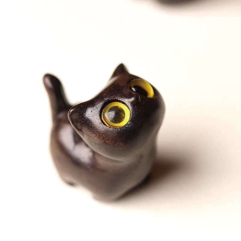 Buddha Stones緑白檀黒檀白檀の小葉紫檀ミニ招き猫 平和飾り - 黒檀の黄色い目 - image 7