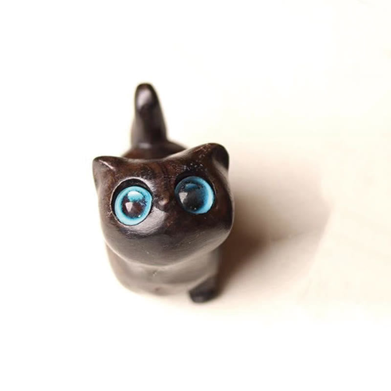 Buddha Stones緑白檀黒檀白檀の小葉紫檀ミニ招き猫 平和飾り - 黒檀の青い目 - image 9