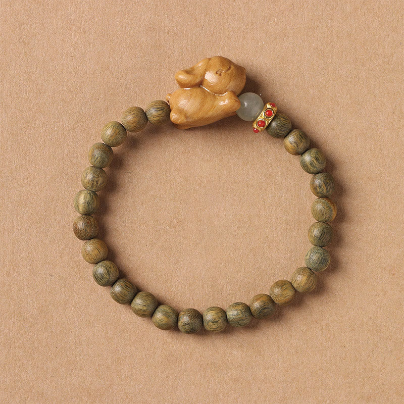 Buddha Stonesグリーンサンダルウッド ゴールドサンダルウッド かわいいウサギのポジティブブレスレット