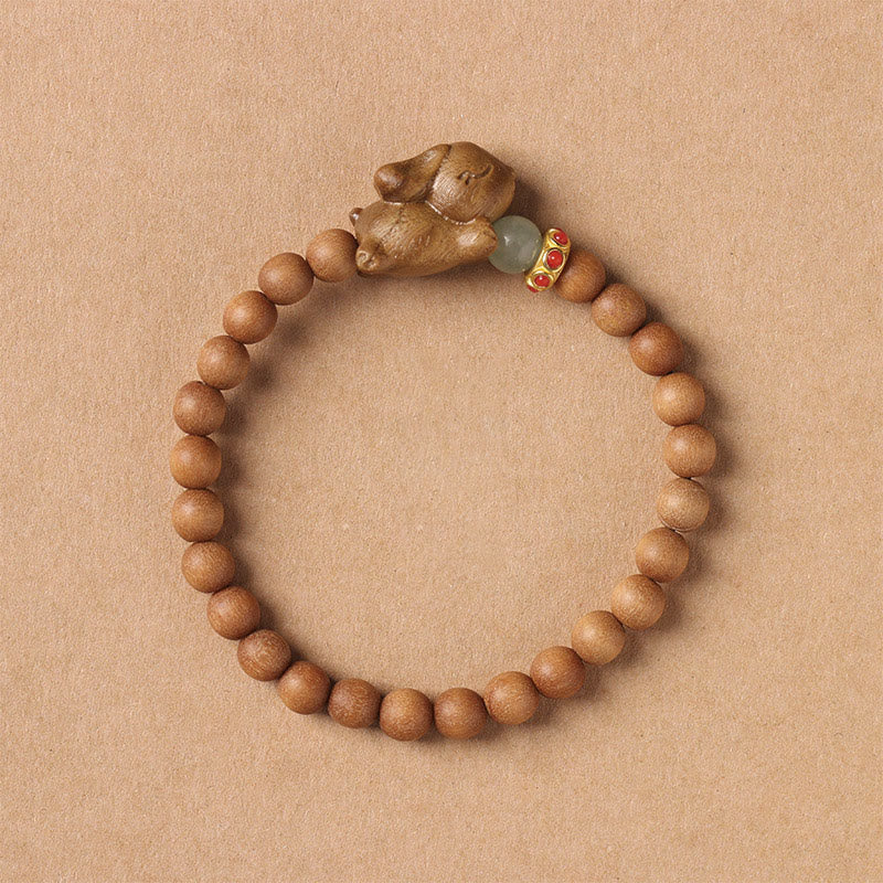 Buddha Stonesグリーンサンダルウッド ゴールドサンダルウッド かわいいウサギのポジティブブレスレット