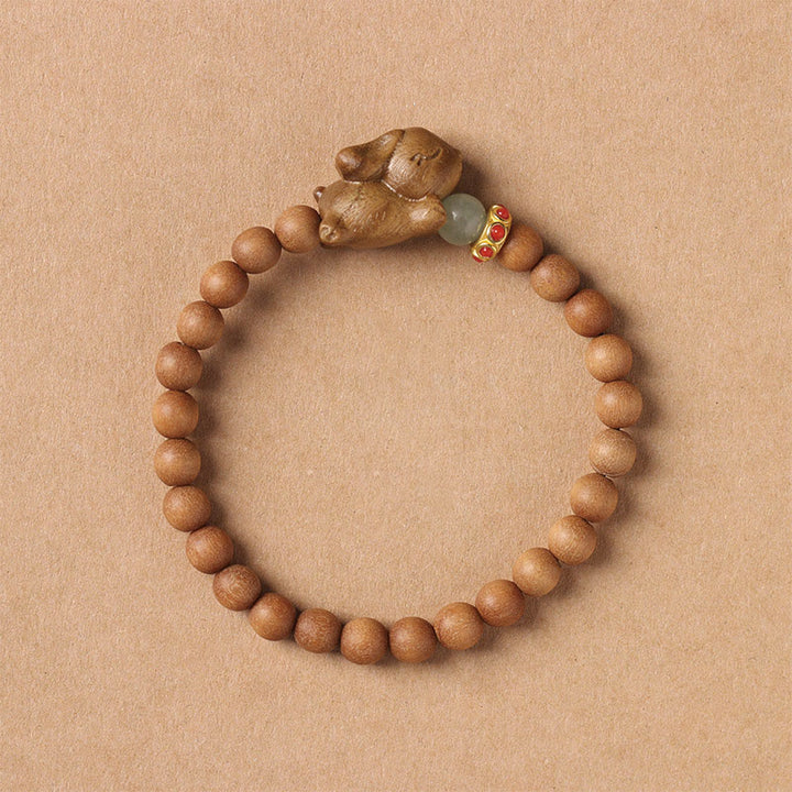 Buddha Stonesグリーンサンダルウッド ゴールドサンダルウッド かわいいウサギのポジティブブレスレット