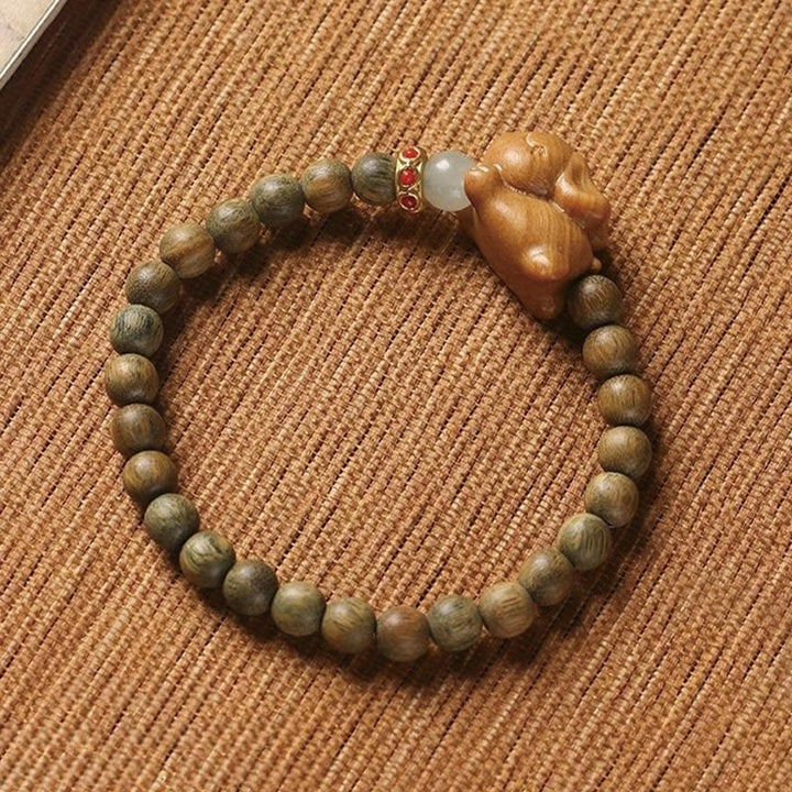 Buddha Stonesグリーンサンダルウッド ゴールドサンダルウッド かわいいウサギのポジティブブレスレット