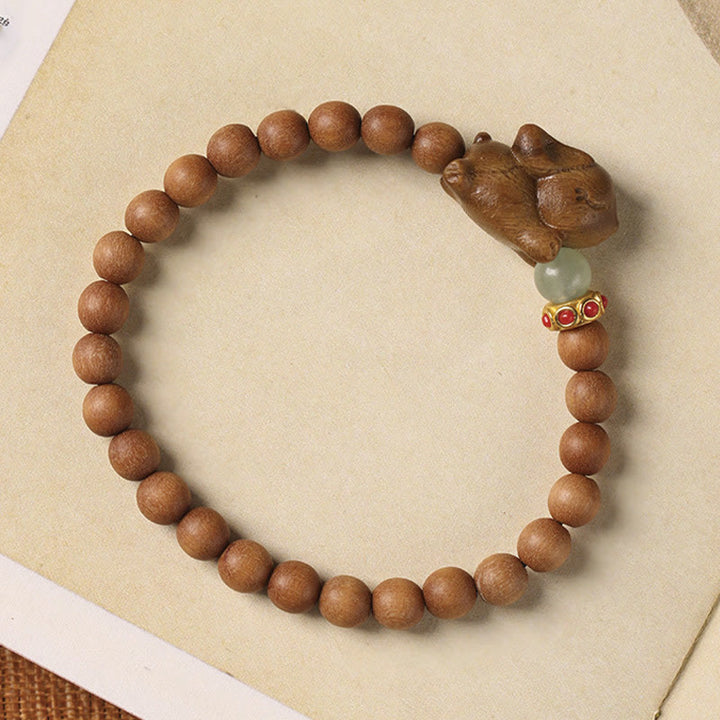 Buddha Stonesグリーンサンダルウッド ゴールドサンダルウッド かわいいウサギのポジティブブレスレット