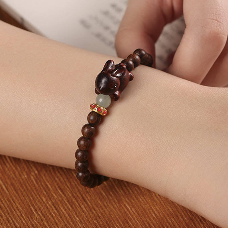 Buddha Stonesグリーンサンダルウッド ゴールドサンダルウッド かわいいウサギのポジティブブレスレット