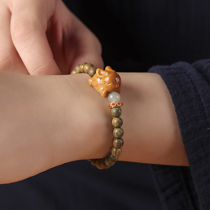 Buddha Stonesグリーンサンダルウッド ゴールドサンダルウッド かわいいウサギのポジティブブレスレット