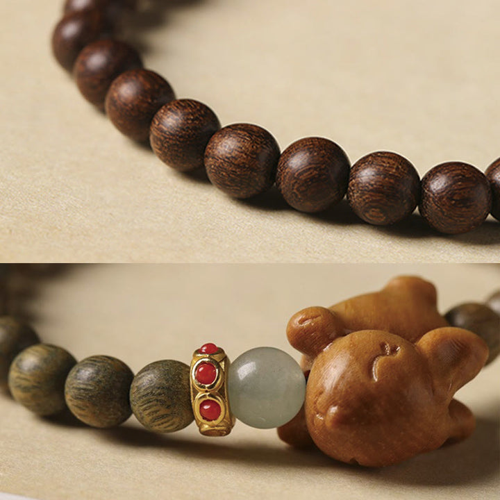 Buddha Stonesグリーンサンダルウッド ゴールドサンダルウッド かわいいウサギのポジティブブレスレット