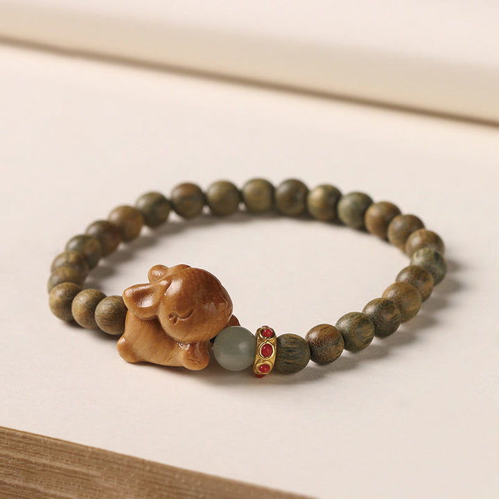 Buddha Stonesグリーンサンダルウッド ゴールドサンダルウッド かわいいウサギのポジティブブレスレット