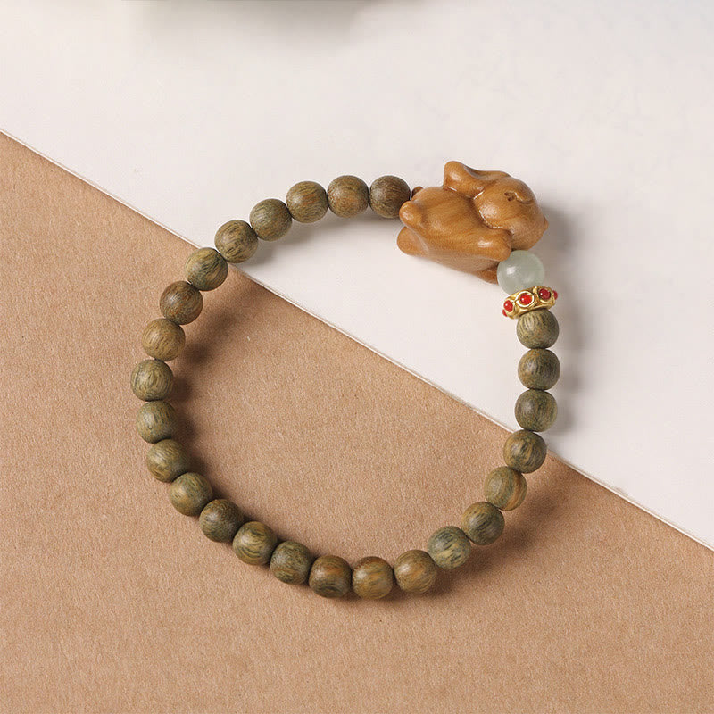 Buddha Stonesグリーンサンダルウッド ゴールドサンダルウッド かわいいウサギのポジティブブレスレット