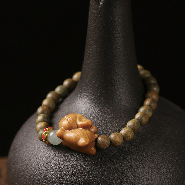 Buddha Stonesグリーンサンダルウッド ゴールドサンダルウッド かわいいウサギのポジティブブレスレット