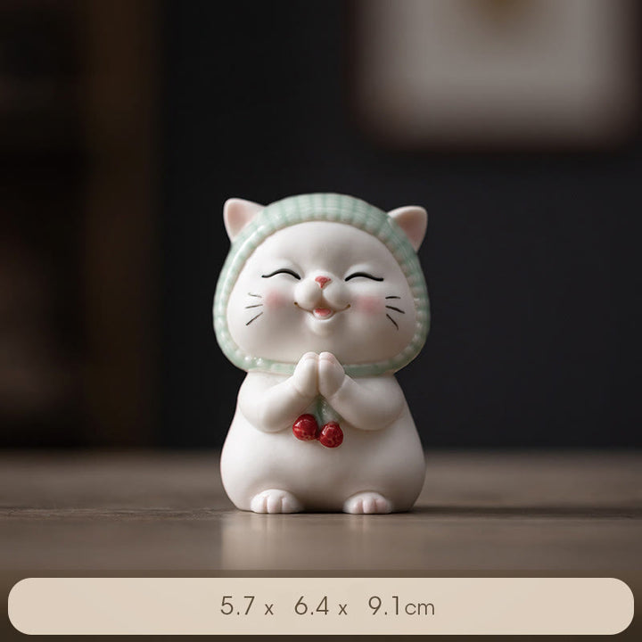 Buddha Stones幸運のかわいい猫のスカーフを巻いた陶器の置物装飾 - image 11
