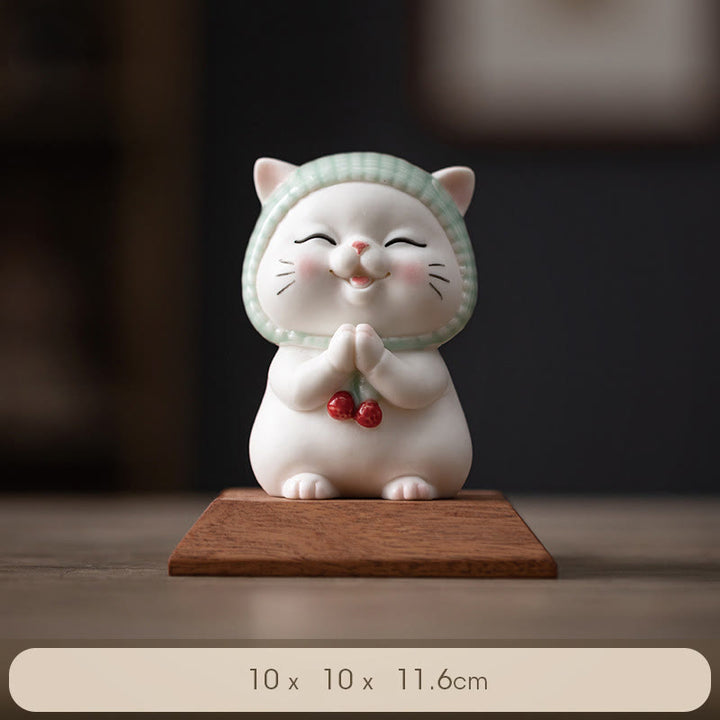 Buddha Stones幸運のかわいい猫のスカーフを巻いた陶器の置物装飾 - 猫+木製ベース 10*10*11.6cm - image 12