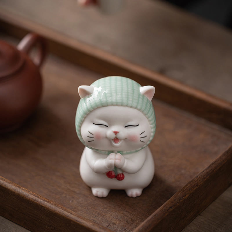 Buddha Stones幸運のかわいい猫のスカーフを巻いた陶器の置物装飾 - image 1