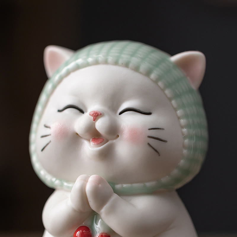 Buddha Stones幸運のかわいい猫のスカーフを巻いた陶器の置物装飾 - image 11