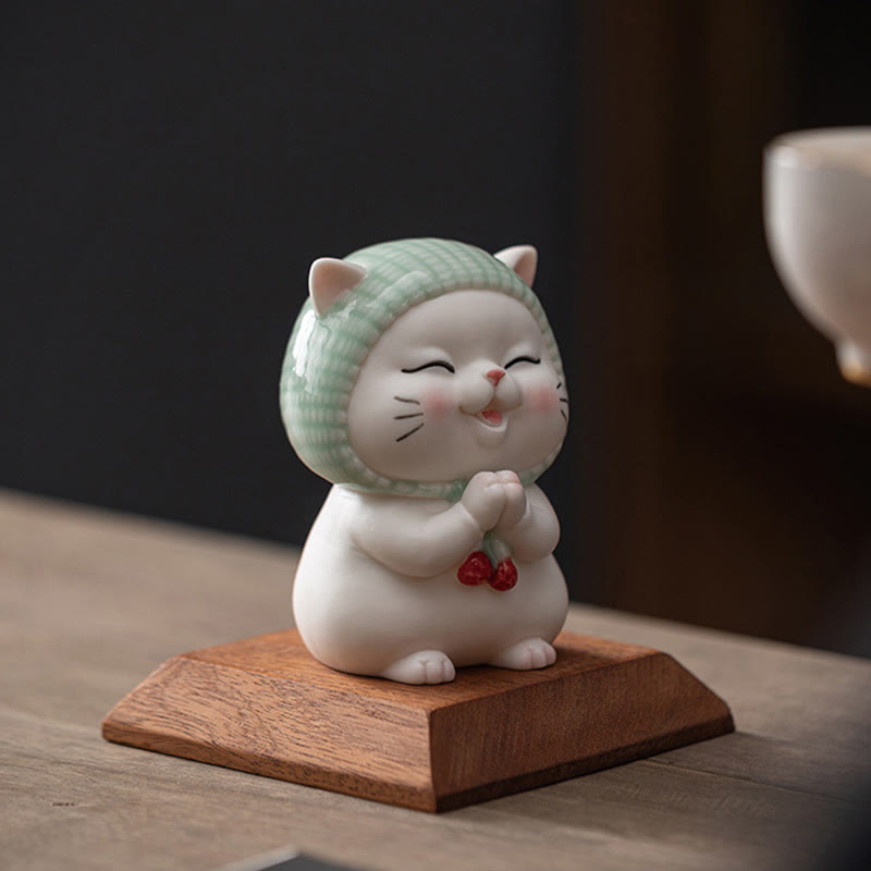 Buddha Stones幸運のかわいい猫のスカーフを巻いた陶器の置物装飾 - image 14