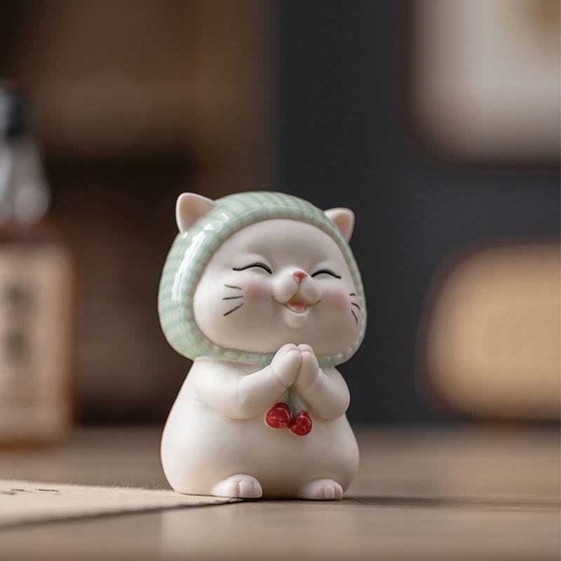 Buddha Stones幸運のかわいい猫のスカーフを巻いた陶器の置物装飾 - image 6
