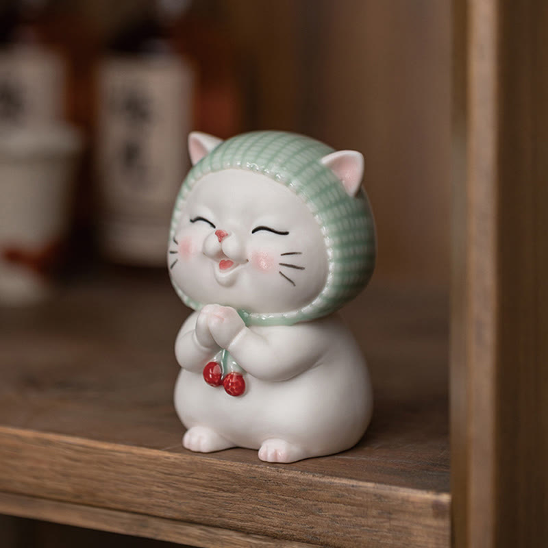 Buddha Stones幸運のかわいい猫のスカーフを巻いた陶器の置物装飾 - image 3