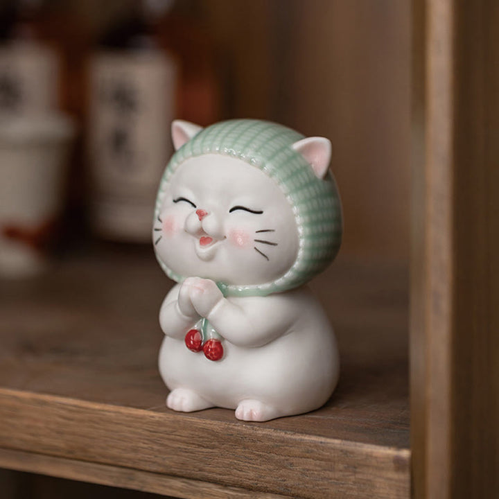 Buddha Stones幸運のかわいい猫のスカーフを巻いた陶器の置物装飾 - image 3
