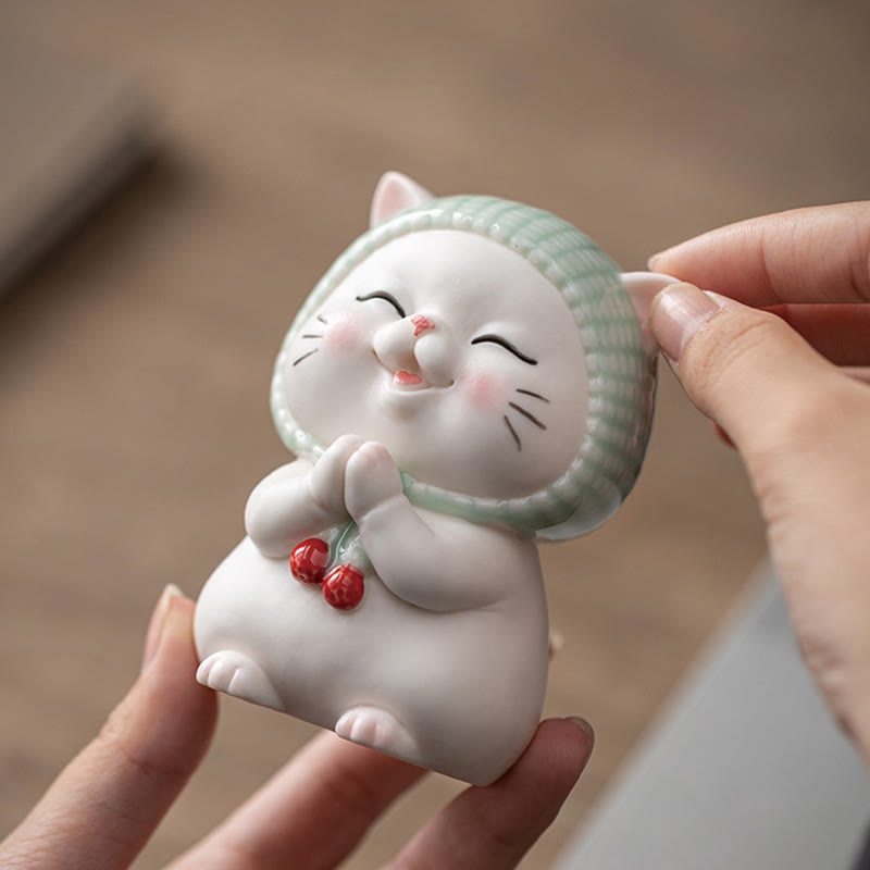 Buddha Stones幸運のかわいい猫のスカーフを巻いた陶器の置物装飾 - image 4