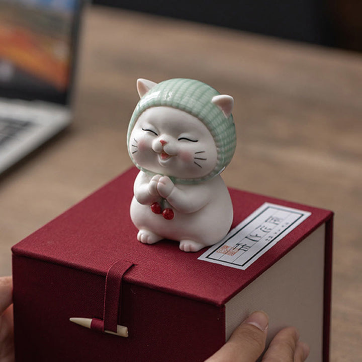 Buddha Stones幸運のかわいい猫のスカーフを巻いた陶器の置物装飾 - image 21