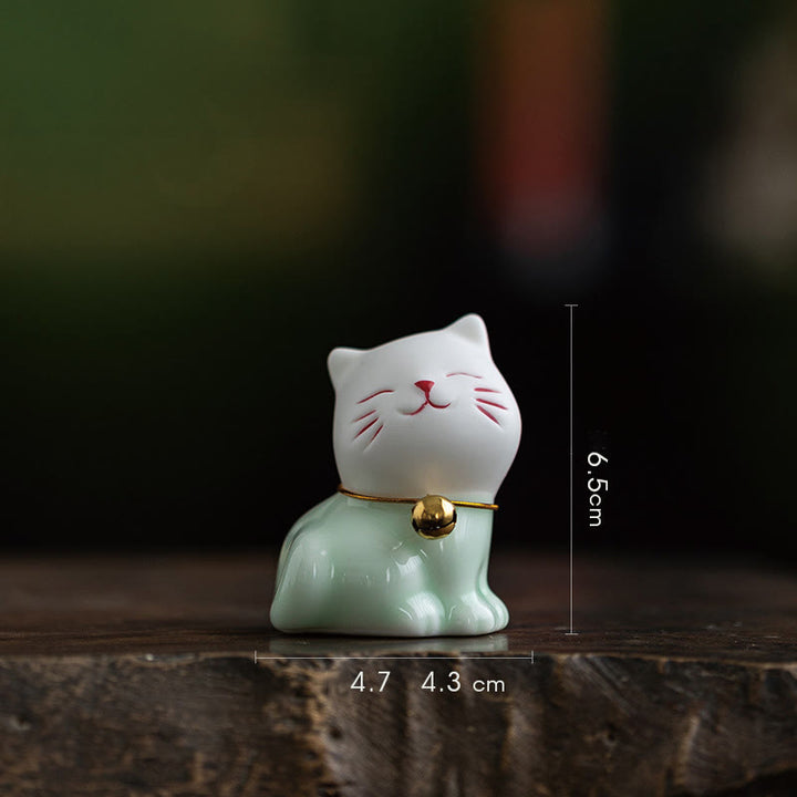 Buddha Stonesミニラッキーかわいい猫ライトグリーンホワイトセラミック置物装飾 - 猫 4.7*4.3*6.5cm - image 2