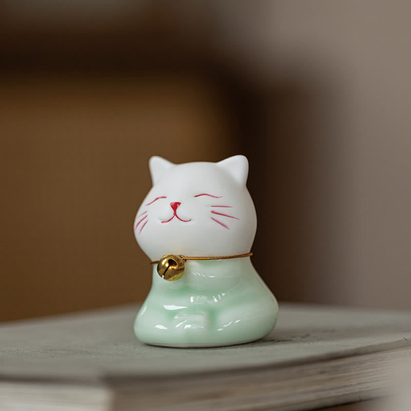 Buddha Stonesミニラッキーかわいい猫ライトグリーンホワイトセラミック置物装飾 - image 19