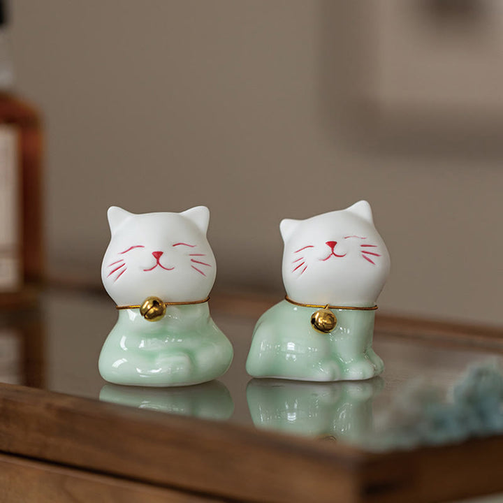 Buddha Stonesミニラッキーかわいい猫ライトグリーンホワイトセラミック置物装飾 - image 20