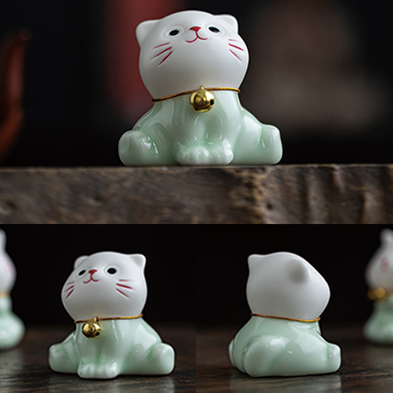 Buddha Stonesミニラッキーかわいい猫ライトグリーンホワイトセラミック置物装飾 - image 10