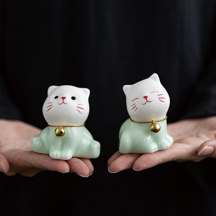 Buddha Stonesミニラッキーかわいい猫ライトグリーンホワイトセラミック置物装飾 - image 0