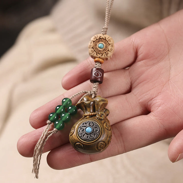 Buddha Stones白檀の小葉 赤檀 緑檀Om Mani Padme Humキーチェーン 携帯電話吊り下げ装飾