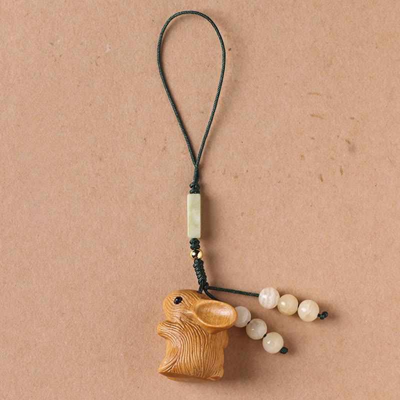 Buddha Stones白檀の小葉 赤檀 幸運のミニウサギの守護キーホルダー 携帯電話吊り下げ装飾