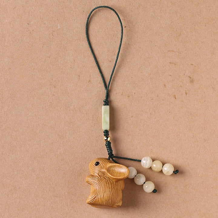 Buddha Stones白檀の小葉 赤檀 幸運のミニウサギの守護キーホルダー 携帯電話吊り下げ装飾
