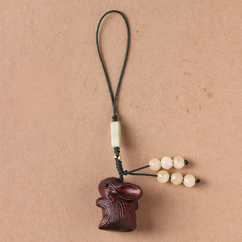 Buddha Stones白檀の小葉 赤檀 幸運のミニウサギの守護キーホルダー 携帯電話吊り下げ装飾