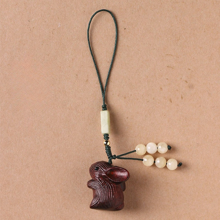Buddha Stones白檀の小葉 赤檀 幸運のミニウサギの守護キーホルダー 携帯電話吊り下げ装飾