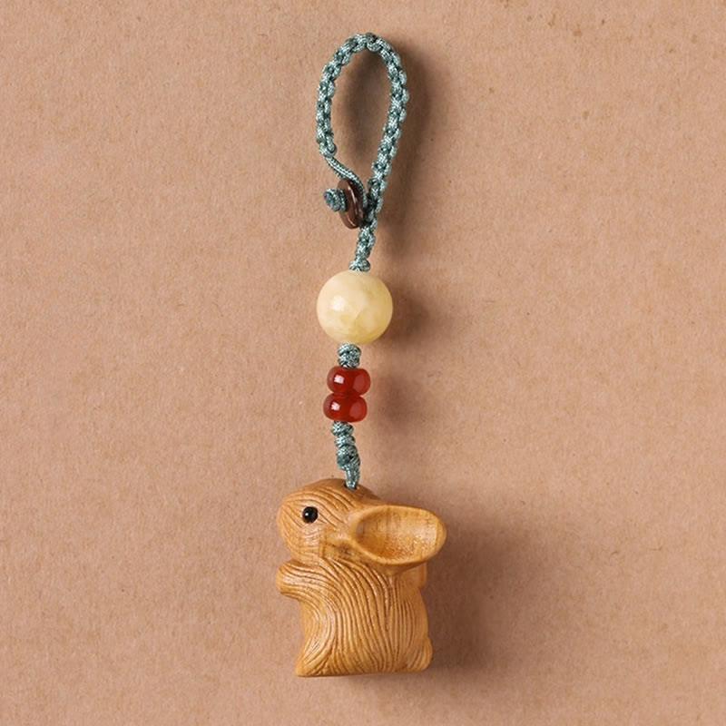 Buddha Stones白檀の小葉 赤檀 幸運のミニウサギの守護キーホルダー 携帯電話吊り下げ装飾
