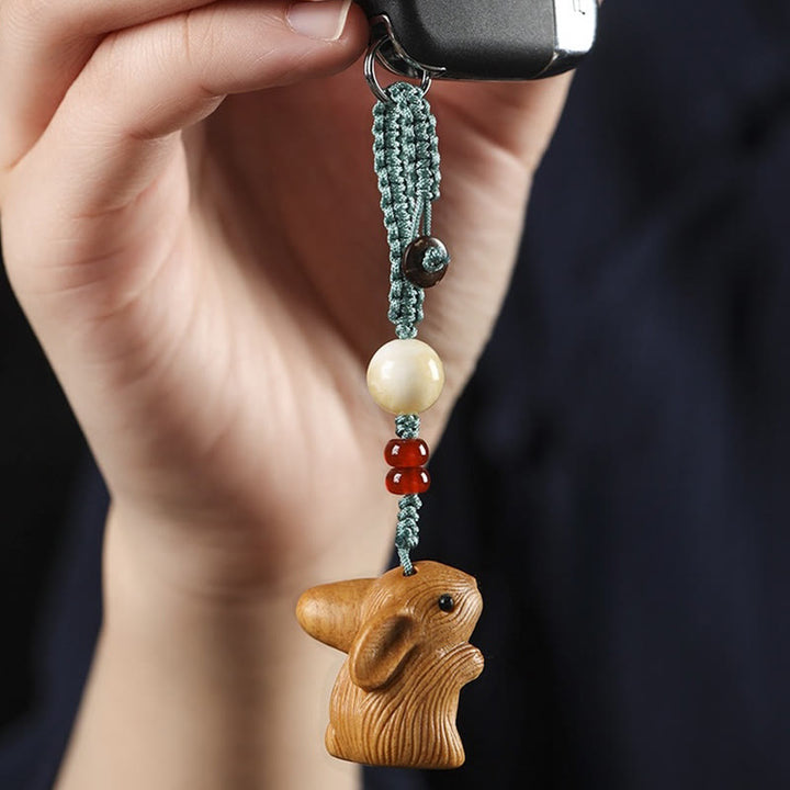 Buddha Stones白檀の小葉 赤檀 幸運のミニウサギの守護キーホルダー 携帯電話吊り下げ装飾