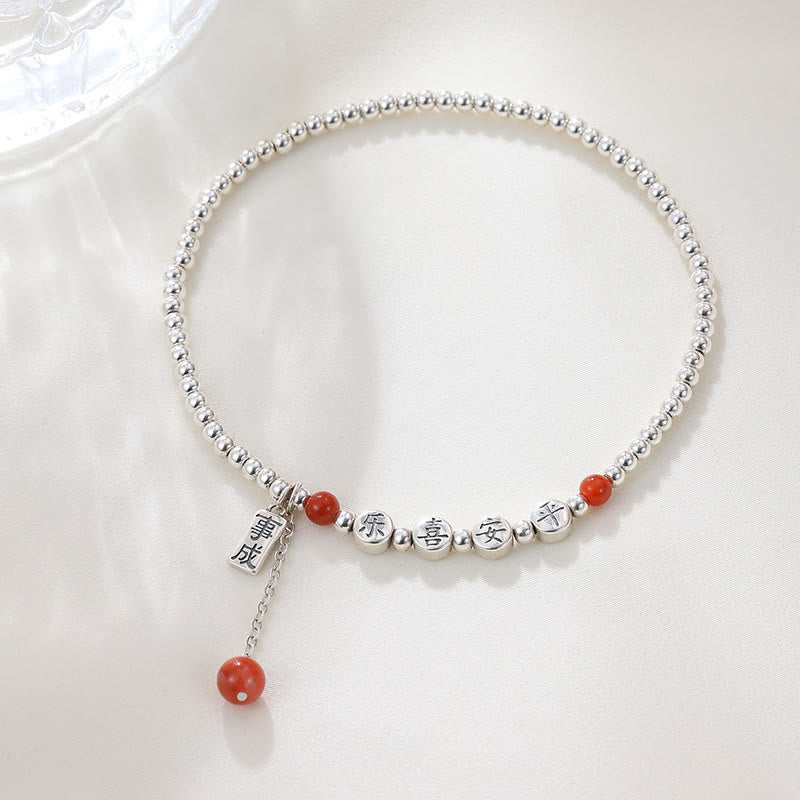 Buddha Stones925スターリングシルバー 小さなビーズ レッドアゲート 平和と喜びの祝福アンクレット