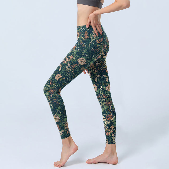 Buddha Stones、グリーンステッチ、花、つる柄プリント、ジムレギンス、レディースヨガパンツ - image 3