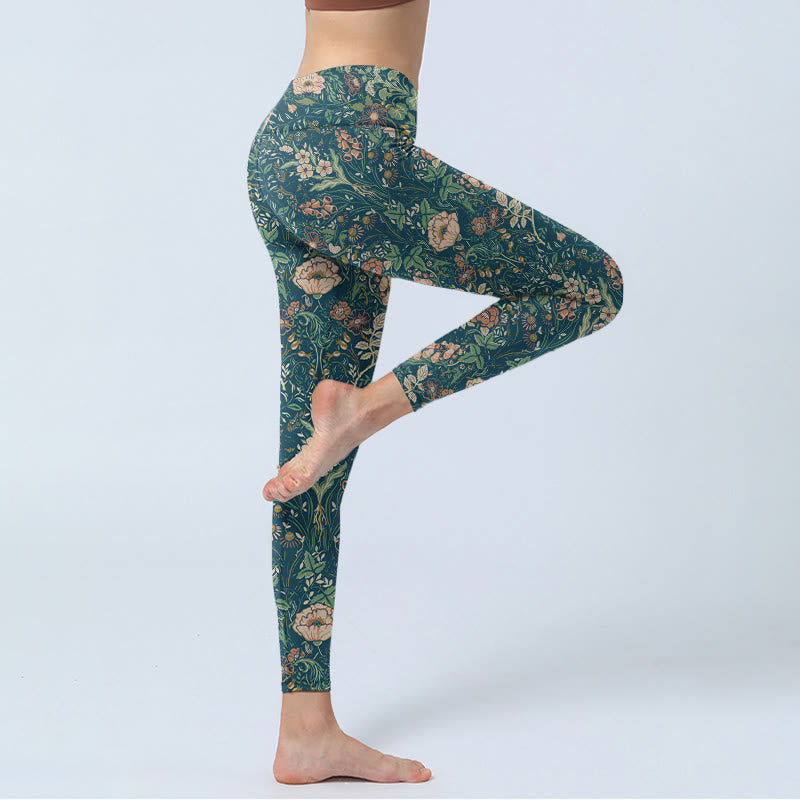 Buddha Stones、グリーンステッチ、花、つる柄プリント、ジムレギンス、レディースヨガパンツ - image 4
