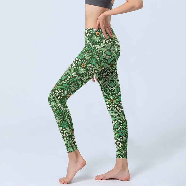 Buddha Stonesグリーンステッチ対称花葉柄プリントジムレギンスレディースヨガパンツ - image 3