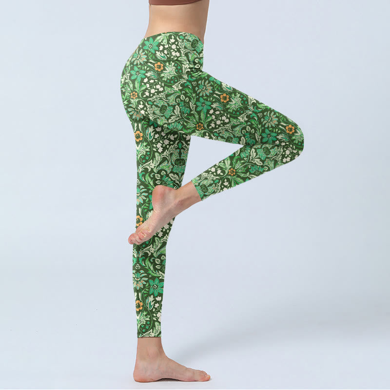 Buddha Stonesグリーンステッチ対称花葉柄プリントジムレギンスレディースヨガパンツ - image 4